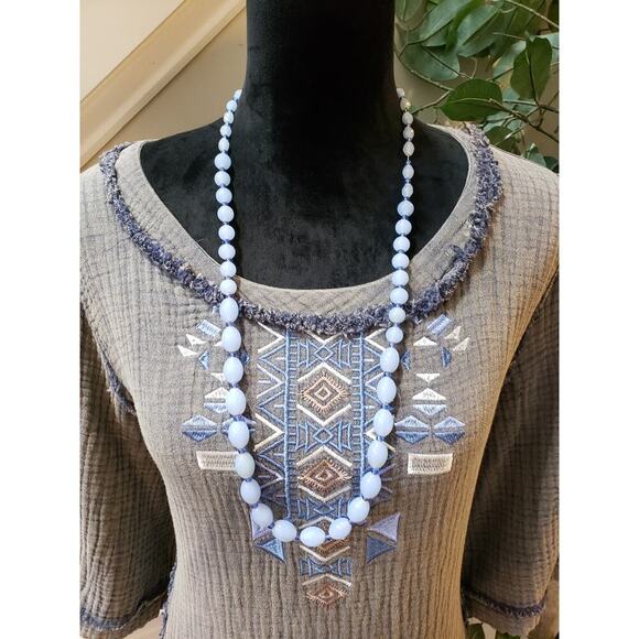 POL Mini Dress Women's Size Medium Gray Geo Print Gauze 3/4 Sleeve Round Neck - Picture 5 of 10